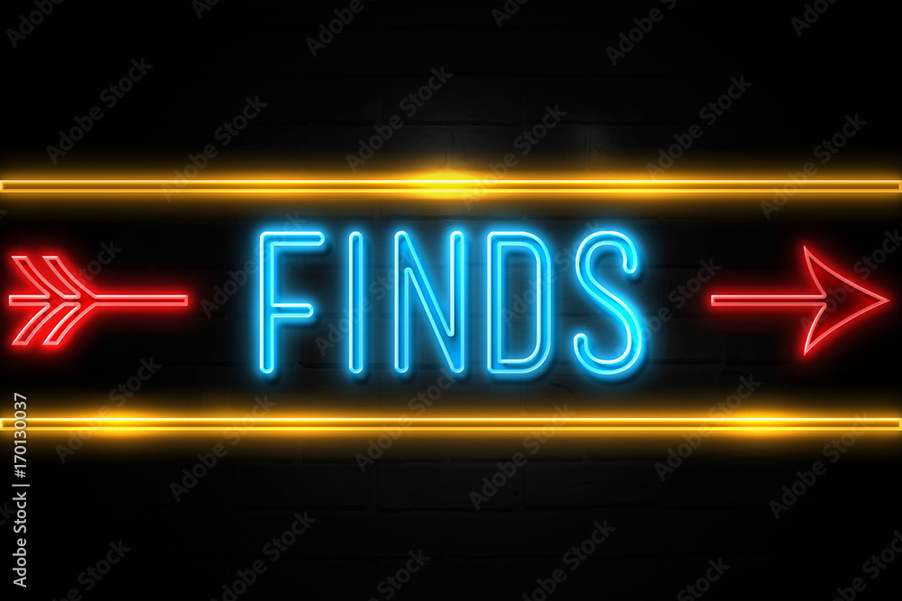 Fototapeta premium Finds - fluorescent Neon Sign on brickwall Front view