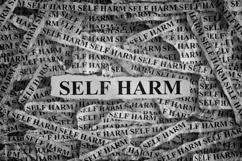 Self Harm. Torn pieces of paper with the words Self Harm