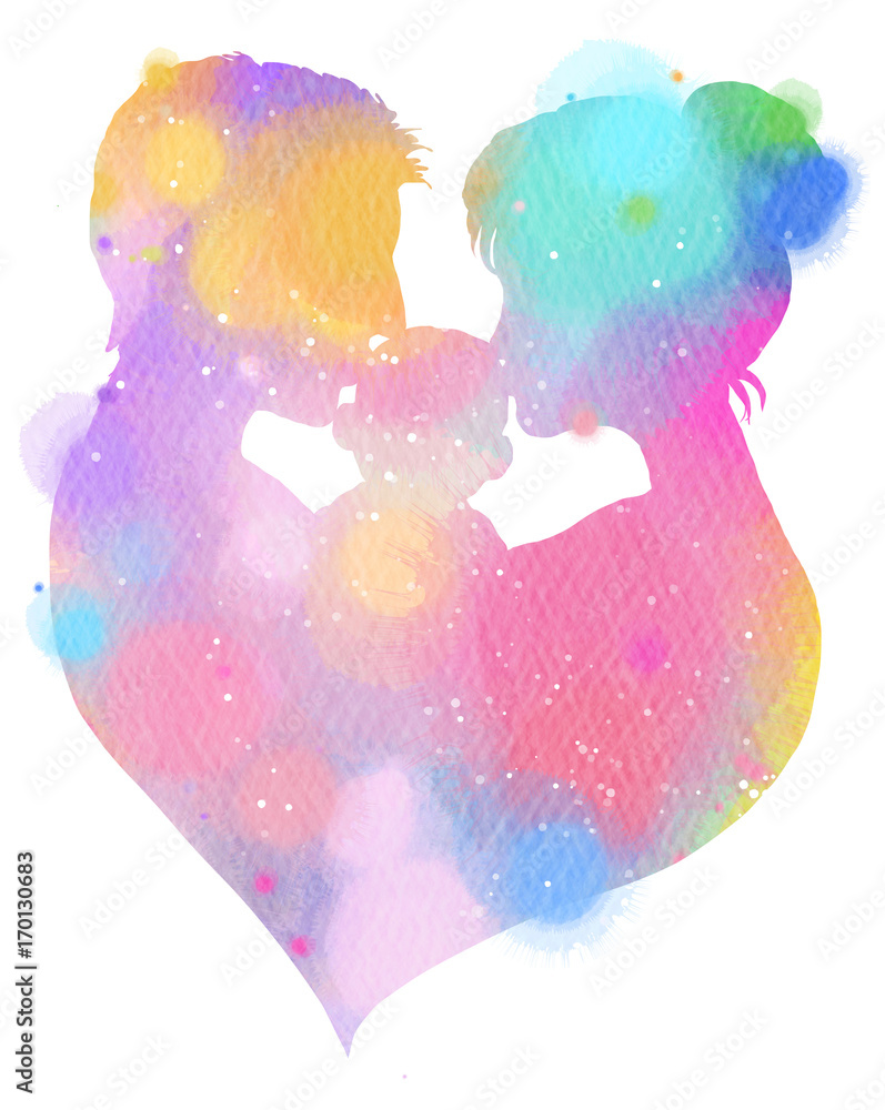 Double exposure illustration. Side view of Father and mother kissing ...