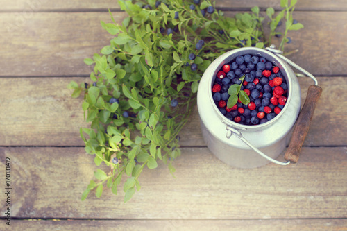  harvest of wild berries/  full can of blueberries and strawberries on the table top view