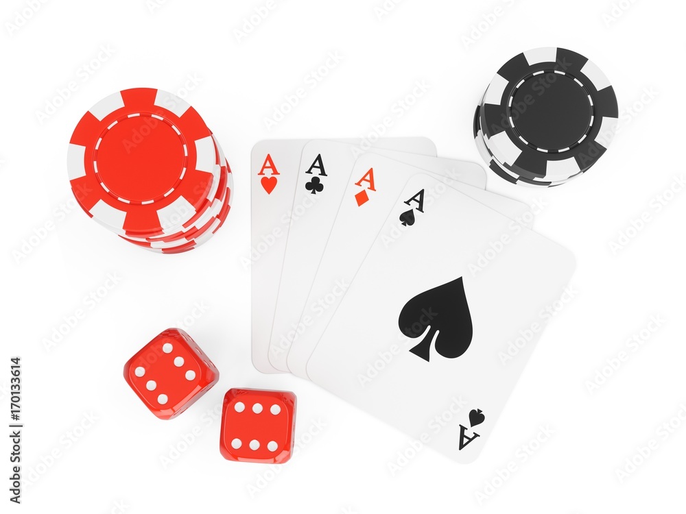 3D Rendering casino chips, dices, and cards on a white background 3D Rendering casino chips, dices, and cards on a white background