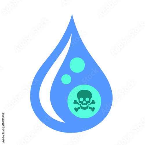 Water drop with sign of skull and bones - contaminated and polluted water. Water is dangerous, unsafe and poisonous because of toxicity, contamination, chemical and harmful substance