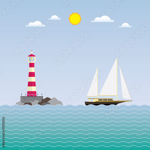 sailboat and lighthouse, sailboat past the lighthouse