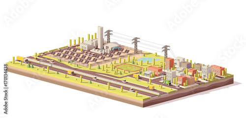 Vector low poly solar power plant and city