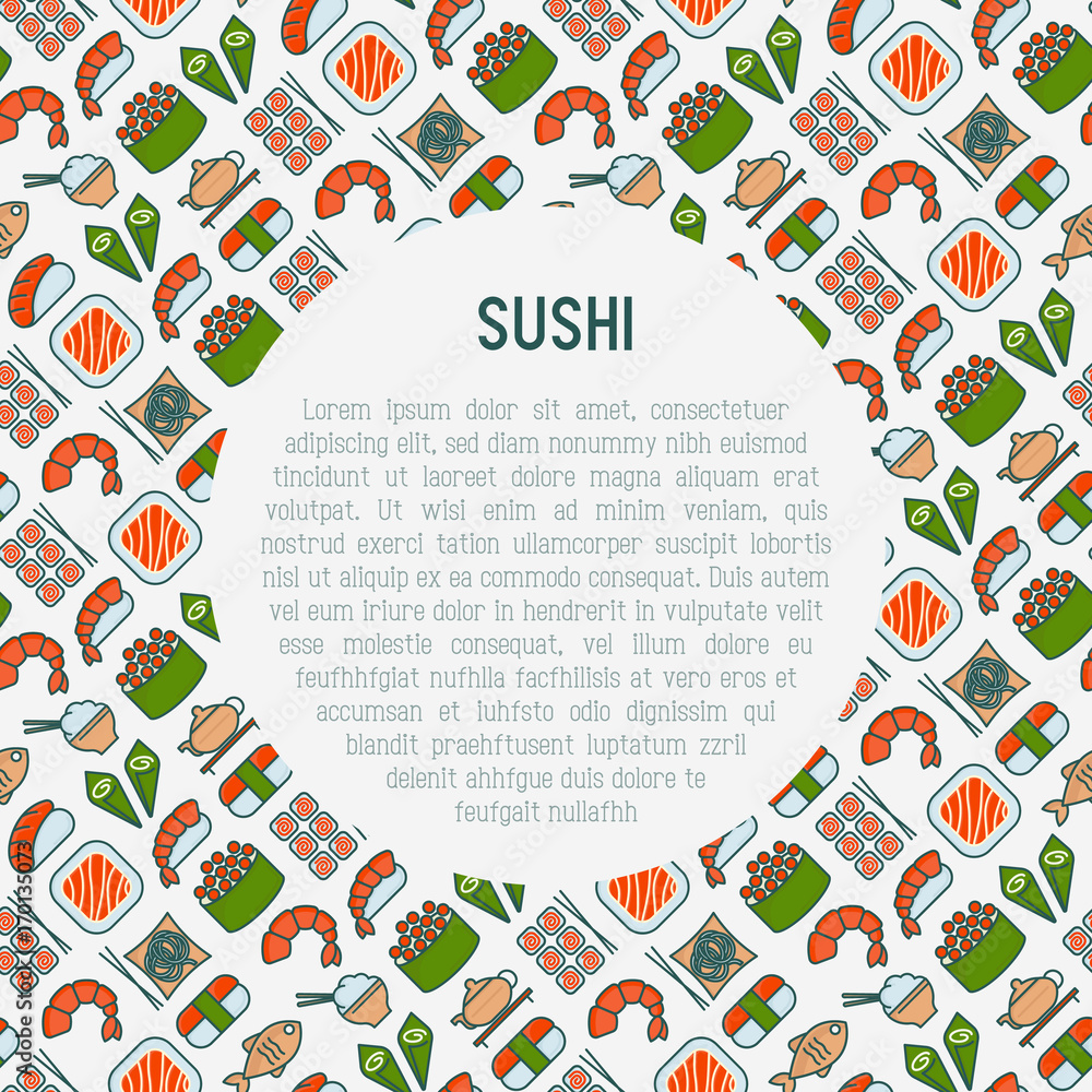 Japanese food concept with thin line icons: sushi, noodles, tea, rolls, shrimp, fish, sake. Vector illustration for banner, web page, menu or print media.