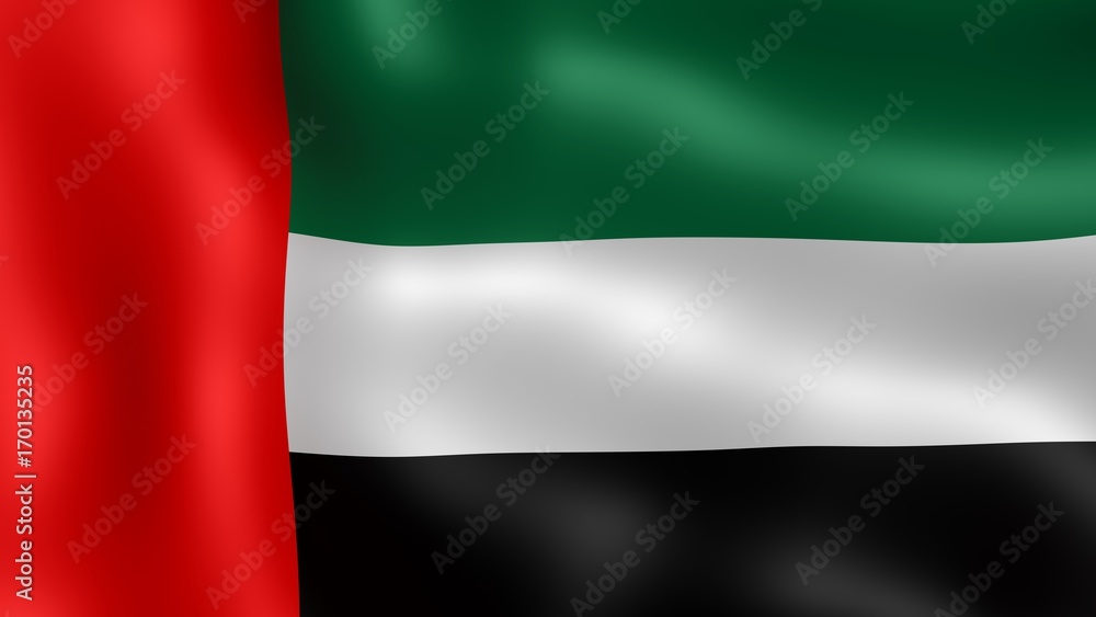 Flag United Arab Emirates, fluttering in the wind. 3D rendering. It is different phases of the movement close-up flag in the wind. Flag United Arab Emirates, fluttering in the wind. 3D rendering. It is different phases of the movement close-up flag in the wind.