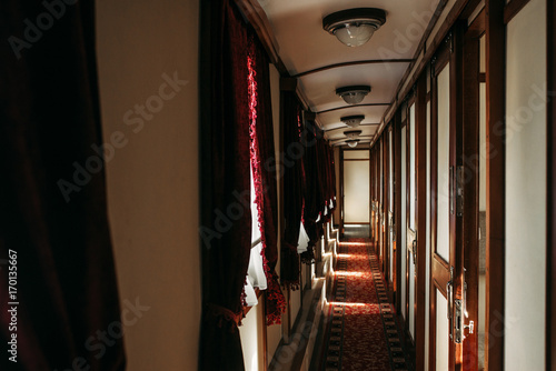 Vintage train, rich retro wagon interior, nobody