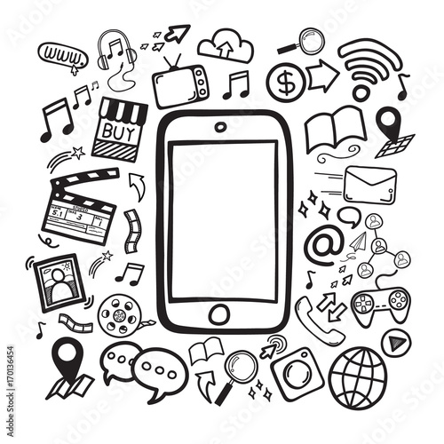 Social media concept. Smartphone can do everything, business, finance or entertainment. Doodle hand draw vector illustration.