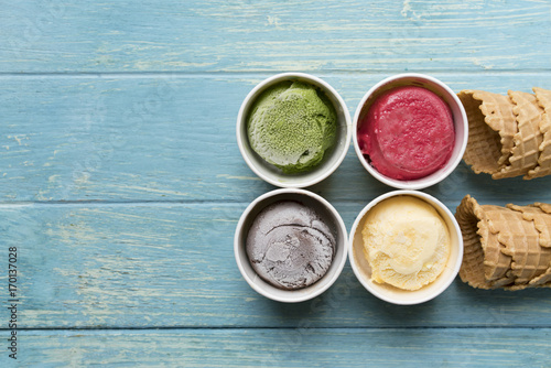 Top view of Ice cream flavors in cup, sweet and dessert food concept