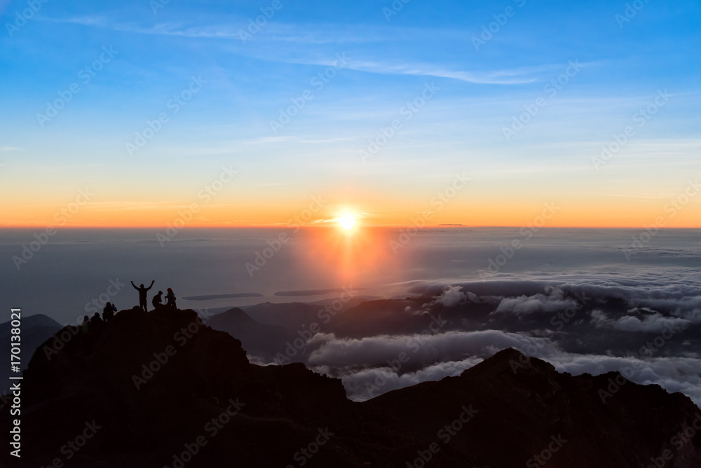 Sunrise at Mount Rinjani summit on morning. Lombok island, Indonesia.