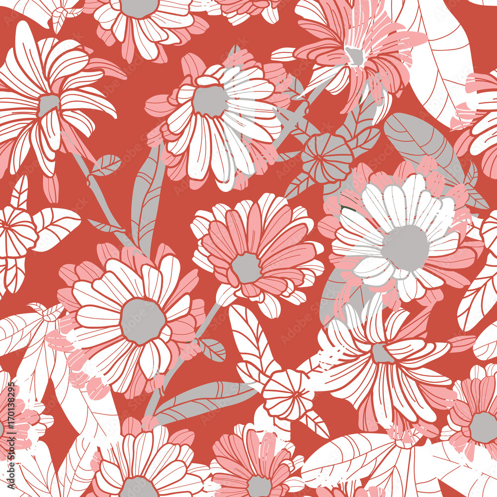 Pink floral background, seamless pattern, vector art