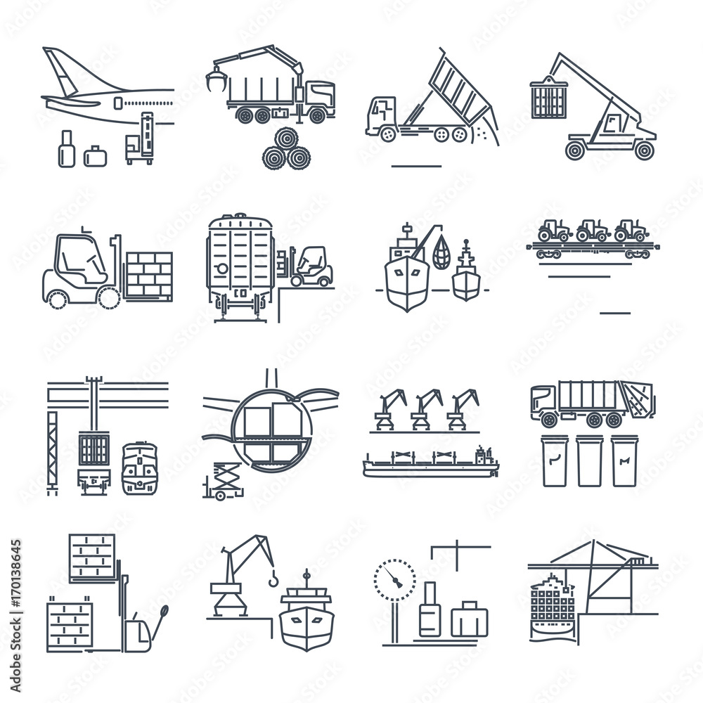 set of thin line icons loading and unloading of goods, handling, storage set of thin line icons loading and unloading of goods, handling, storage