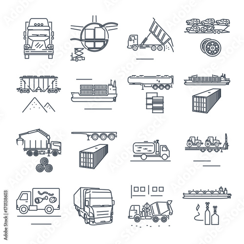 set of thin line icons freight transport process