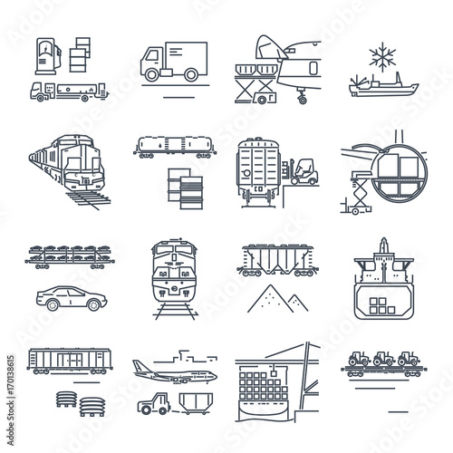 set of thin line icons freight transport process, goods