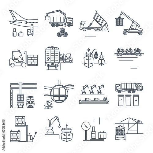 set of thin line icons loading and unloading of goods, handling, storage