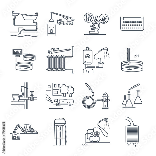 set of thin line icons plumbing and sewerage repair, service