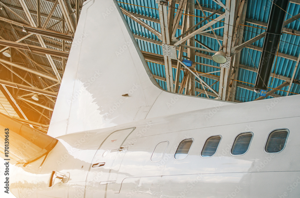 Airliner aircraft in a hangar with an open gate to the service. Airliner aircraft in a hangar with an open gate to the service.