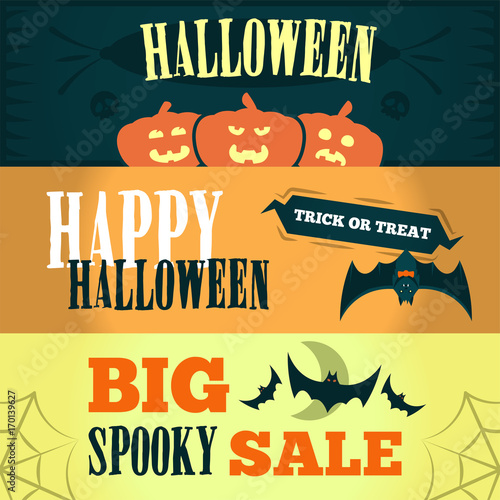 Happy Halloween Sale offer design template. Vector illustration with three bright banners. Isolated illustration.