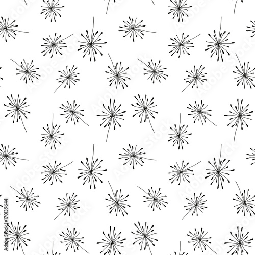 Dandelion or allium or fennel like flowers and seed pattern. Vector floral seamless repeat with simple hand drawn stylized flowers.