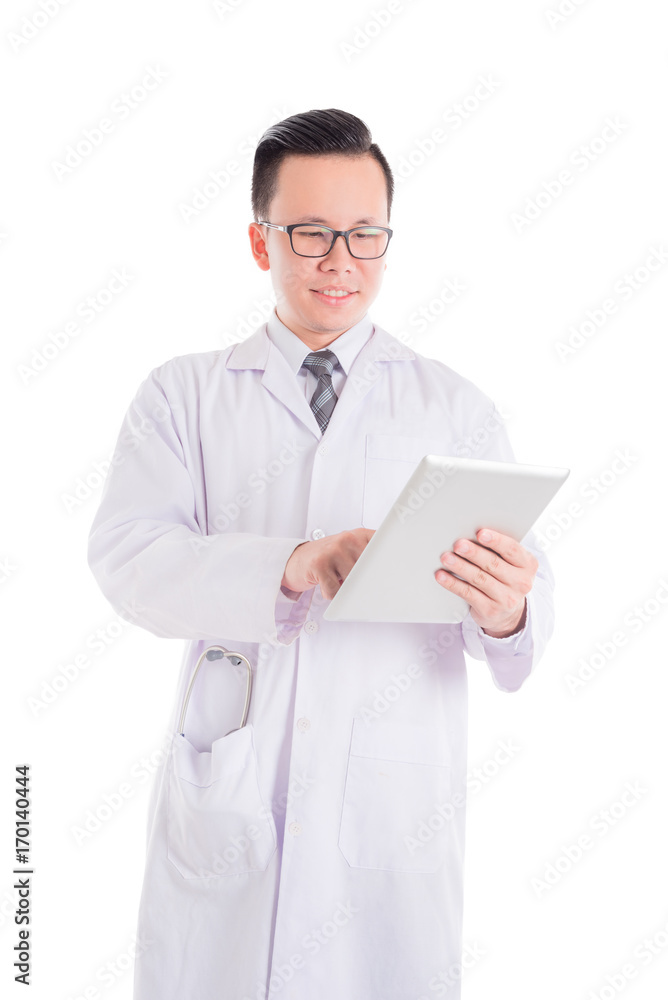 Handsome asian doctor wearing white coat and smiling isolated over white background Handsome asian doctor wearing white coat and smiling isolated over white background
