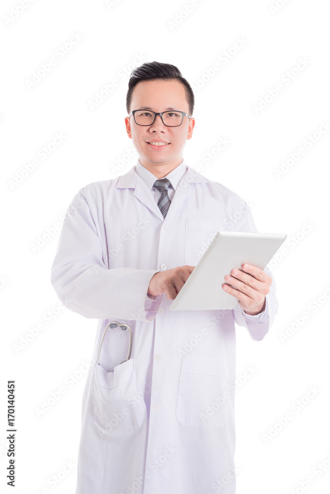 Handsome asian doctor wearing white coat and smiling isolated over white background Handsome asian doctor wearing white coat and smiling isolated over white background