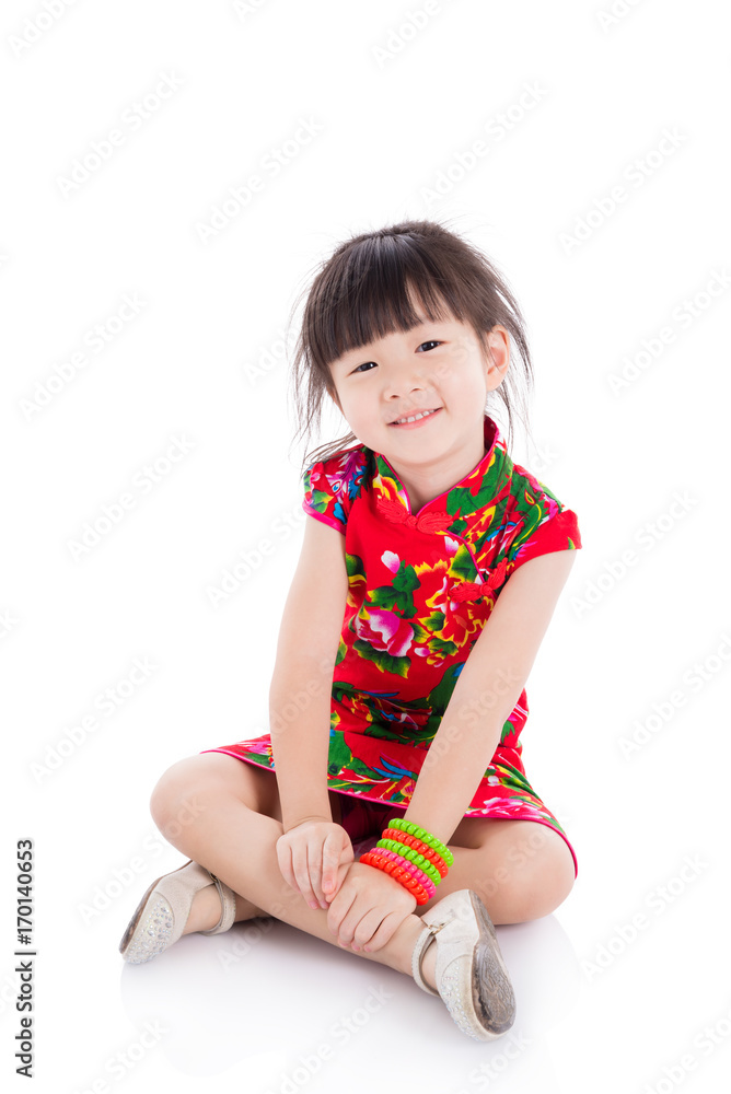 Little asian girl wearing red chinese traditional dress sitting over ...