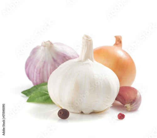 garlic, onion and spices on white
