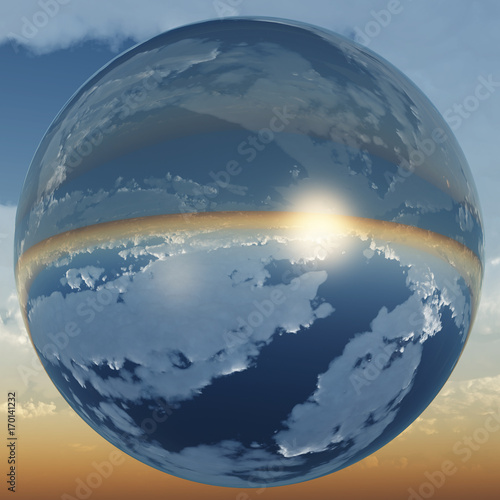Fototapeta Naklejka Na Ścianę i Meble -  fantasy sunset or sunrise landscape in sphere glass 3d illustration