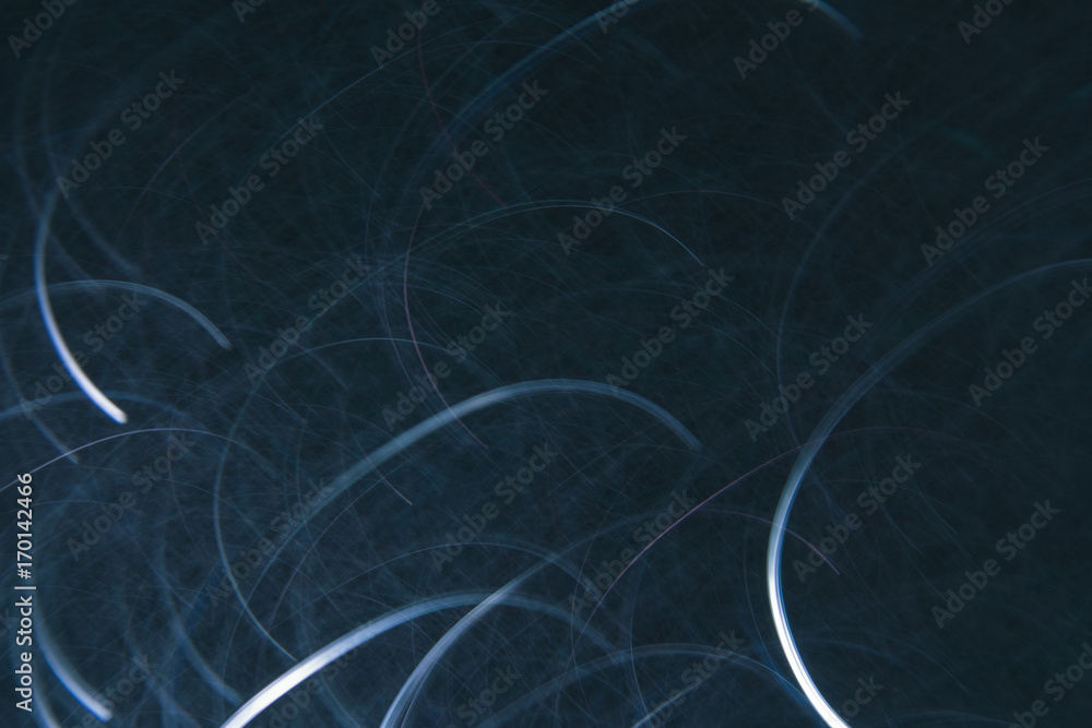 Abstract background of white lines in motion on black wallpaper. Bokeh of defocused curves, blurred neon leds, festive backdrop of lights similar to fireflies Abstract background of white lines in motion on black wallpaper. Bokeh of defocused curves, blurred neon leds, festive backdrop of lights similar to fireflies