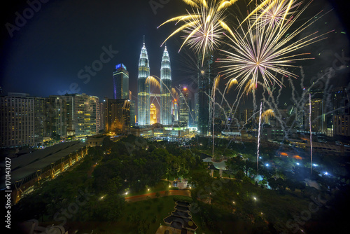 Canvas Print Fireworks display show over Kuala Lumpur city skyline