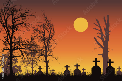 Vector realistic illustration of a haunted cemetery with tombstones, cross and trees without leaves under a dramatic orange sky with moon