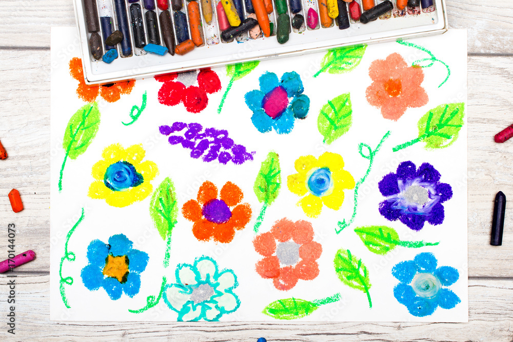 Naklejka premium Photo of colorful drawing: beautiful flowers in garden.