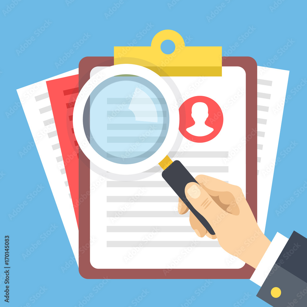 Clipboard with job candidate profile, hand holding magnifying glass. Candidate evaluation form, job application form, human resources, CV verification flat design elements concept. Vector illustration Clipboard with job candidate profile, hand holding magnifying glass. Candidate evaluation form, job application form, human resources, CV verification flat design elements concept. Vector illustration