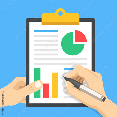 Hand holding financial document with charts, graphs and hand holding pen. Clipboard with financial statement. Business report, paperwork, business income data flat design concepts. Vector illustration