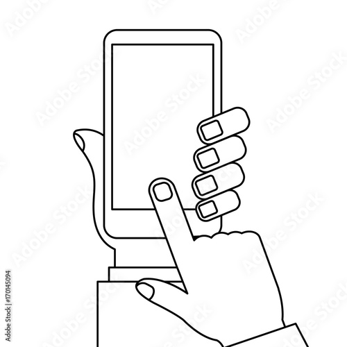 Hand Holding Smartphone Finger Touching Screen With Blank White Screen Linear Outline Cellphone Mockup Black Thin Line Template Concept Vector Illustration Stock Vector Adobe Stock