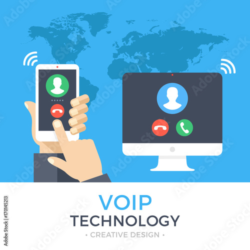 VoIP technology, voice over IP, IP telephony concept. Hand holding smartphone with outgoing call, computer with incoming call on screen. Internet calling banner. Modern flat design vector illustration