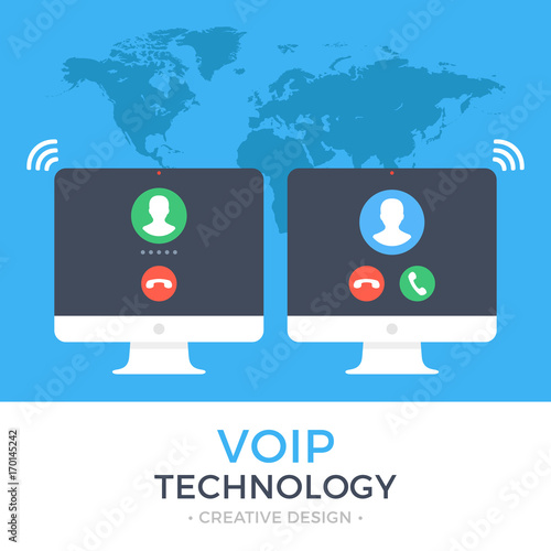 VoIP technology, voice over IP, IP telephony concept. Two PC. Computer with outgoing call and computer with incoming call on screen. Internet calling web banner. Modern flat design vector illustration