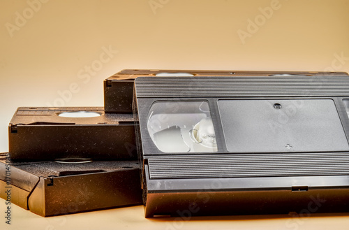 Canvastavla Vintage videotapes on beige background. HDR effect.