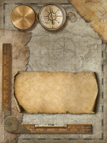 Old map background with compass. Adventure and travel concept. 3d illustration.