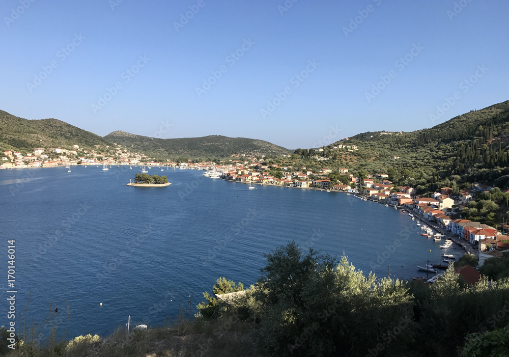 View of the gulf of Vathy or Ithaki, the main town of Ithaka or Ithaca in Greece, withits little island.