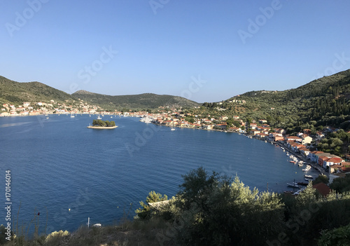 View of the gulf of Vathy or Ithaki, the main town of Ithaka or Ithaca in Greece, withits little island.