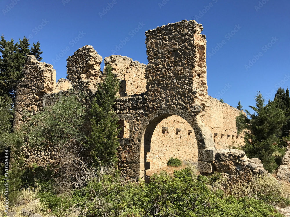 Ruins of the Venetian castle of Assos in Cephalonia or Kefalonia, Greece