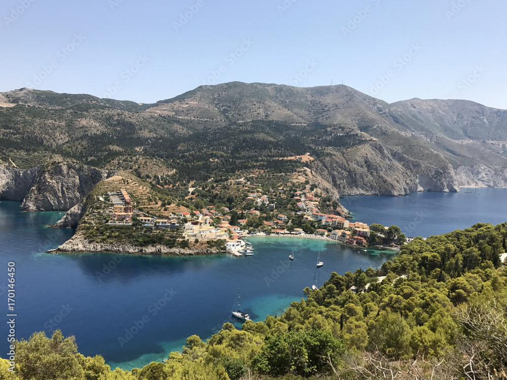 A view of Assos village on its bay in Cephalonia or Kefalonia, Greece