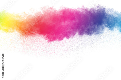 multicolored powder explosion on white background. Freeze motion paint Holi.
