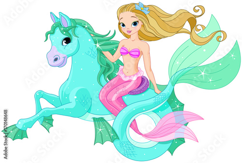 Beautiful Mermaid Riding Sea Horse