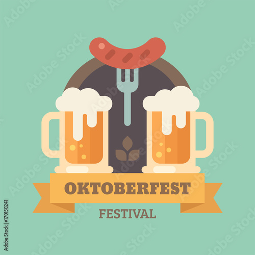  Oktoberfest beer festival flat illustration badge. Two beer mugs and sausage on a fork. Beer party banner