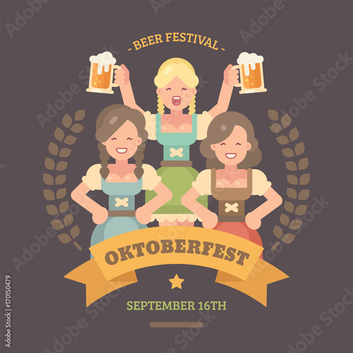 Oktoberfest flat illustration banner. Three beer maids in dirndl dresses. Blonde girl holding two beers. Beer festival poster