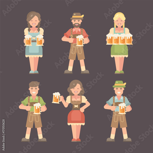 Set of flat Oktoberfest characters on dark background. Men in lederhosen and women in dirndl dresses holding beer mugs. Beer festival costumes flat illustration