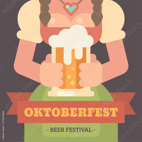 Oktoberfest flat illustration banner. Close up of a girl in dirndl dress holding a beer mug. Beer festival poster