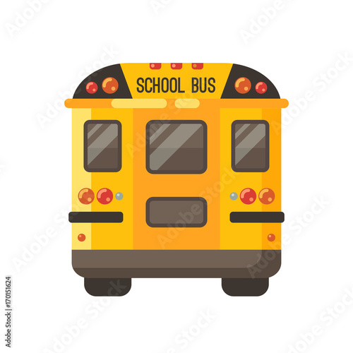 Yellow school bus back view flat illustration on white background